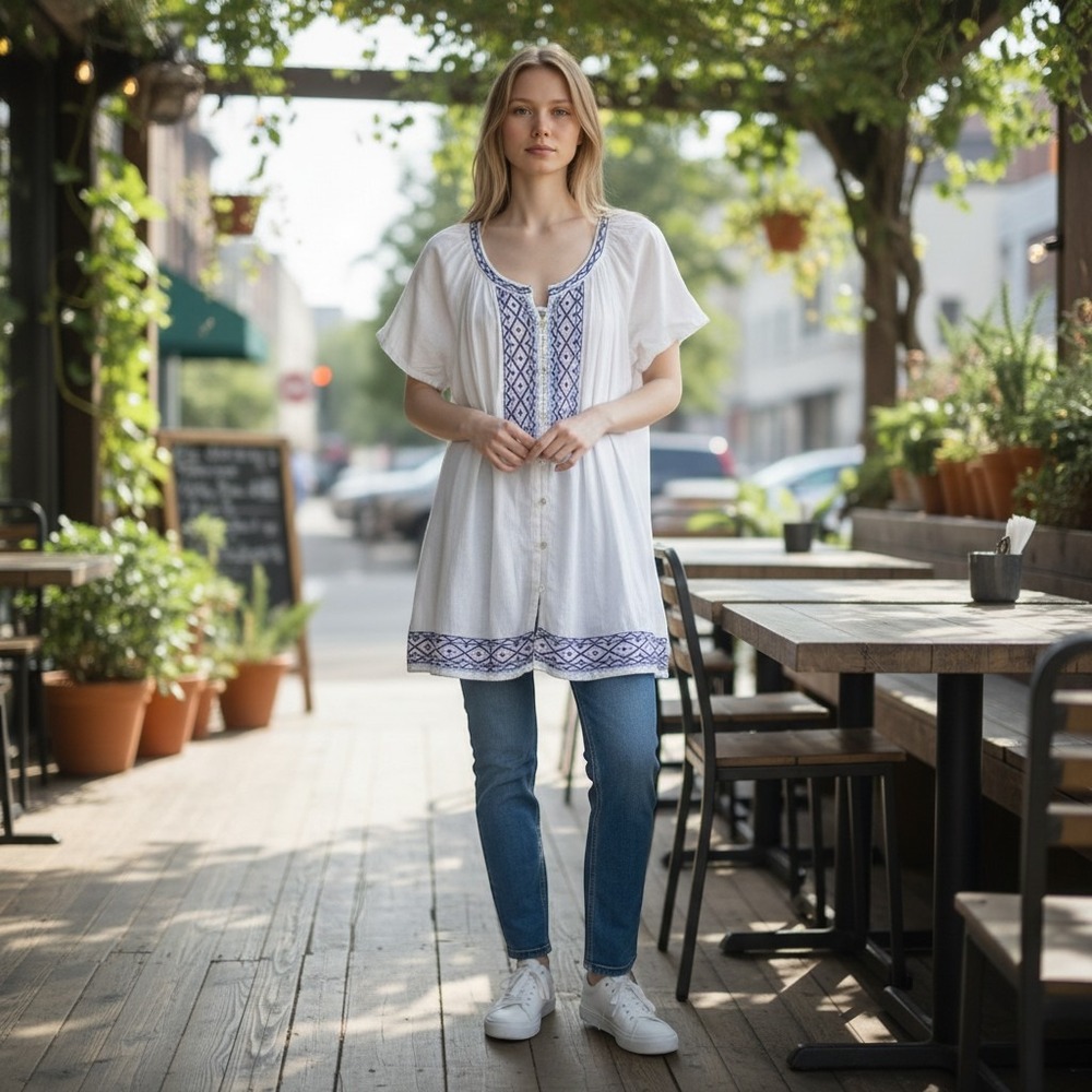 J. Jill Womens White Embroidered Cotton Blend Boho Peasant Tunic Blouse Sz M